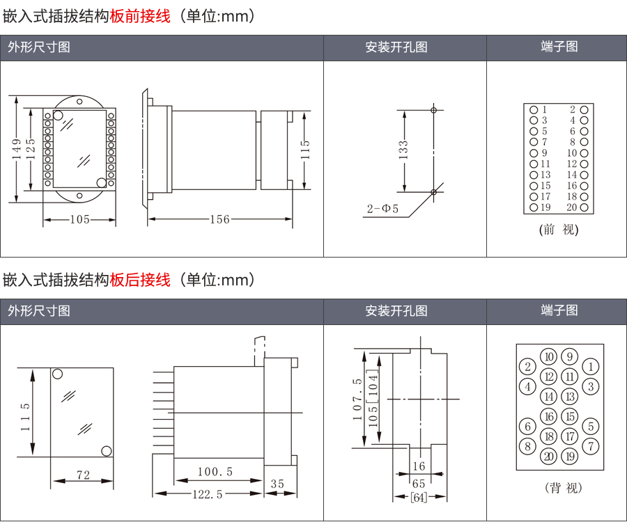 RL-30嵌入式插拔結構外形及接線方式